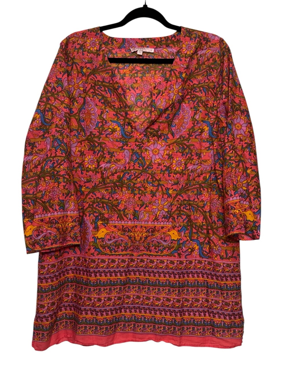 Calypso St Barth Boho Floral Striped Cotton Blouse Vibrant Resort Tunic Birds S